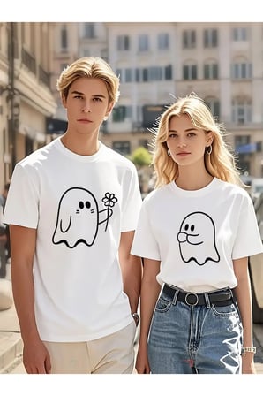nevermind sevgili kombin tişörtü hayalet baskılı çift kombini unisex oversize %100 tişört