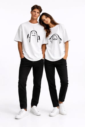 Saç Yolma Temalı Çift Kombini Oversize Unisex Tişört Sevgili Tişörtü Beyaz