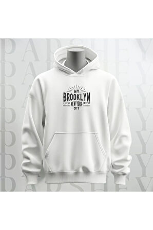 NY Brooklyn Baskılı Kapüşonlu Sweatshirt Hoodie Kalın Kumaş 3 İplik Şardonlu