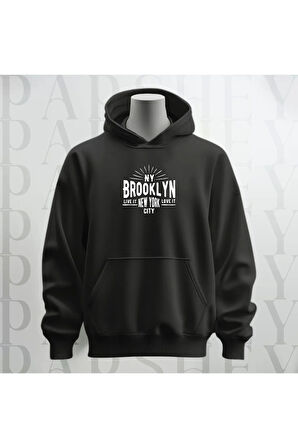 NY Brooklyn Baskılı Kapüşonlu Sweatshirt Hoodie Kalın Kumaş 3 İplik Şardonlu