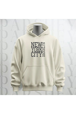 New York City Baskılı Kapüşonlu Sweatshirt Hoodie Kalın Kumaş 3 İplik Şardonlu