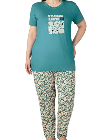 Kadın Bisiklet Yaka Düğmesiz Battal Kesim Viskon Yazlık Kısa Kol Cepli Büyük Beden Pijama Takımı