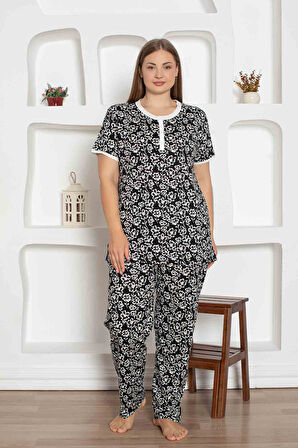 Kadın Çiçek Desen Bisiklet Yaka 3 Düğmeli %100 Pamuk Penye İnce Yazlık Kısa Kol Pijama Takımı
