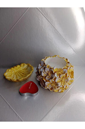 Altın Sarısı Mumluk & İstiridye & Kalp Mum Dekoratif Obje