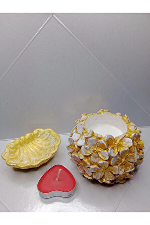 Altın Sarısı Mumluk & İstiridye & Kalp Mum Dekoratif Obje