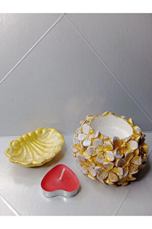 Altın Sarısı Mumluk & İstiridye & Kalp Mum Dekoratif Obje