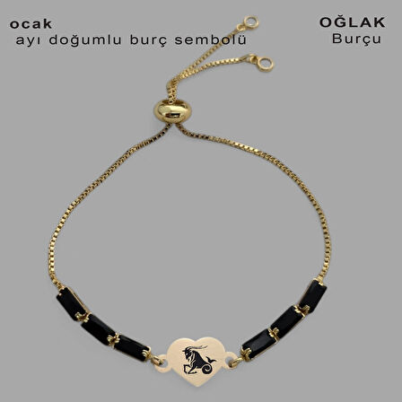 Kalp Motifli ve Parlak Siyah Taşlı 14 Ayar Altın Plakalı Ocak Bilekliği