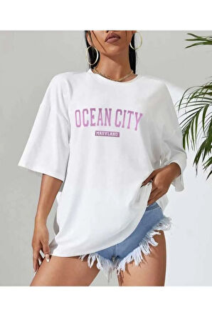malkoçbey ocean city baskılı oversize unisex basic t-şhirt