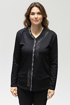 KADIN ÖNÜ KAPALI DÜĞME DETAYLI TAŞLI NERGİS MEVSİMLİK BLUZ