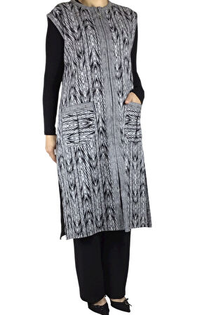 ÖNÜ FERMUARLI DESENLİ CEPLİ KALIN KIŞLIK YELEK