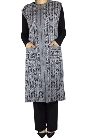 ÖNÜ FERMUARLI DESENLİ CEPLİ KALIN KIŞLIK YELEK