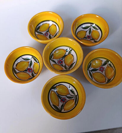 El yapımı 6'li limon desenli 8 cm seramik ssosluk çerezlik reçellik 