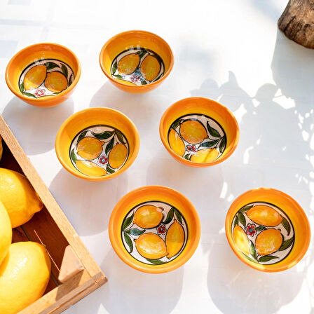 El yapımı 6'li limon desenli 8 cm seramik ssosluk çerezlik reçellik 