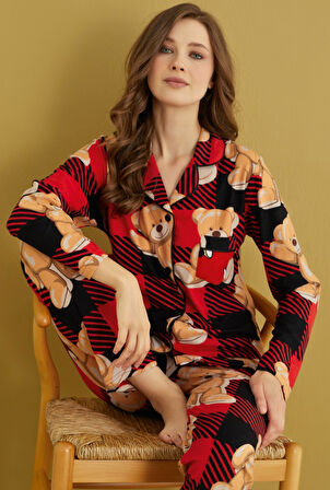 Kadın Gömlek Yaka Önden Düğmeli Saten Biyeli Göğüs Cepli Süet Kışlık Uzun Kol Pijama Takımı