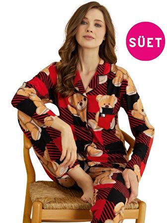 Kadın Gömlek Yaka Önden Düğmeli Saten Biyeli Göğüs Cepli Süet Kışlık Uzun Kol Pijama Takımı