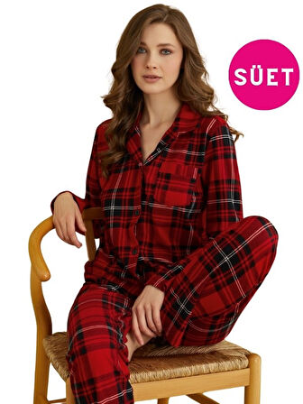 Kadın Gömlek Yaka Önden Düğmeli Saten Biyeli Göğüs Cepli Süet Kışlık Uzun Kol Pijama Takımı