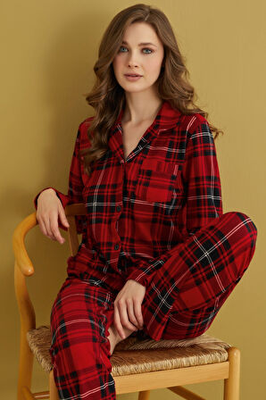 Kadın Gömlek Yaka Önden Düğmeli Saten Biyeli Göğüs Cepli Süet Kışlık Uzun Kol Pijama Takımı