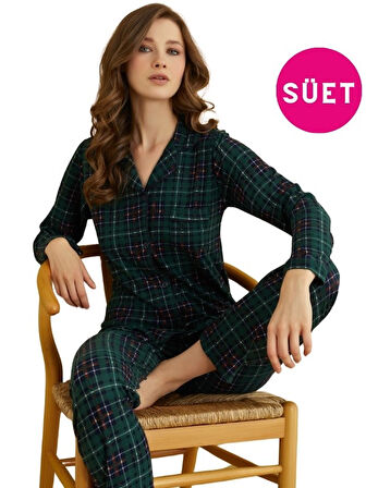 Kadın Gömlek Yaka Önden Düğmeli Saten Biyeli Göğüs Cepli Süet Kışlık Uzun Kol Pijama Takımı