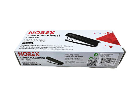 Norex UH001- Tel Zımba Makinesi - No:10 XL - Siyah - 12 Sayfa Dikiş - 50 Zımba Hazneli - 1 Ad