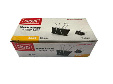 Cassa 8225 25 mm. Metal Çelik Siyah Kağıt Kıskacı Ataş Evrak Mandalı - 12 Adetlik Paket