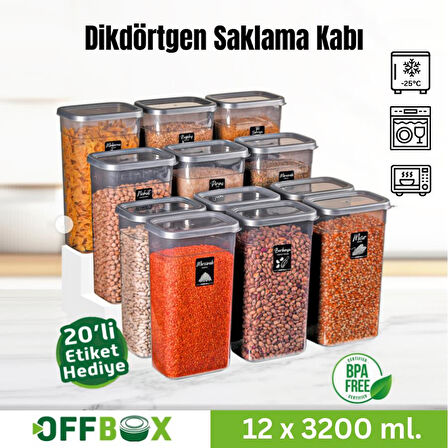 Offbox Dikdörtgen Bakliyat Baharat Gıda Saklama Kabı - 3.2 Lt. - 12 Adet