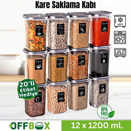 Offbox Kare Bakliyat Baharat Gıda Saklama Kabı - 1.2 Lt. - 12 Adet
