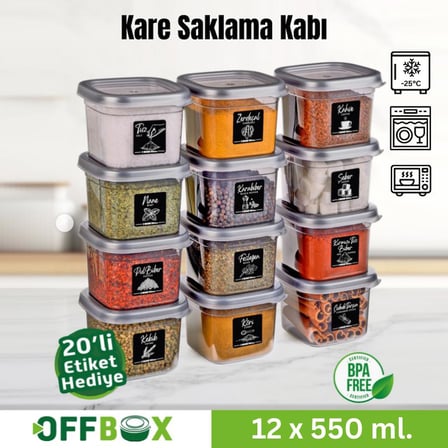 Offbox Kare Bakliyat Baharat Gıda Saklama Kabı - 0.55 Lt. - 12 Adet