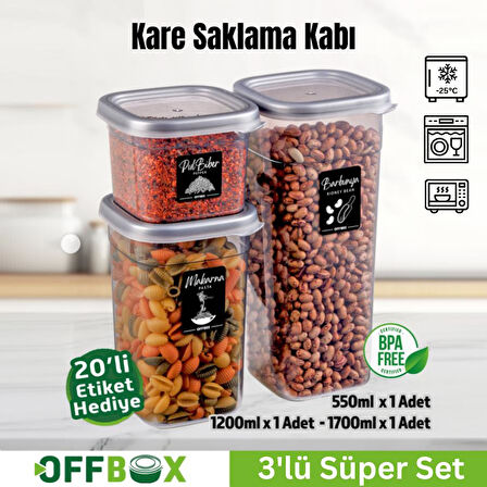 Offbox Kare Bakliyat Baharat Gıda Saklama Kabı - 3 Çeşit - 3 Adet