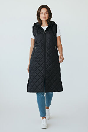 KADIN ÖNÜ FERMUARLI YANLARDAN CEPLİ KAPÜŞONLU KAPİTONE YELEK