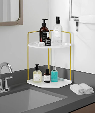 Dekoratif 2 Katlı Raf | Çok Amaçlı Organizer Paslanmaz Çelik & Ahşap Stand – Salon, Mutfak, Banyo, Çalışma Alanı İçin