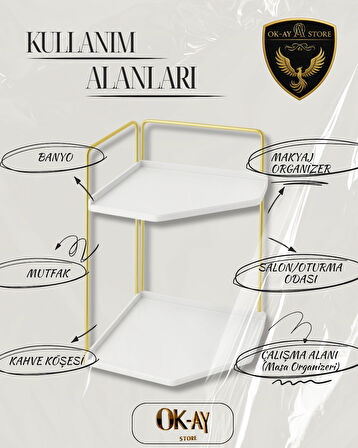 Dekoratif 2 Katlı Raf | Çok Amaçlı Organizer Paslanmaz Çelik & Ahşap Stand – Salon, Mutfak, Banyo, Çalışma Alanı İçin