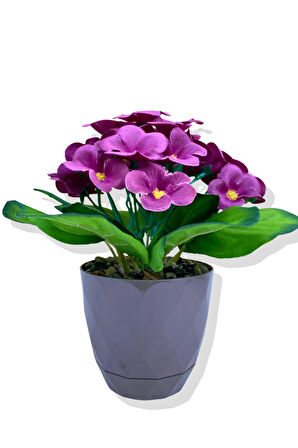 Yapay Mini Saksıda Mor Menekşe 20 Cm Kahverengi Saksı