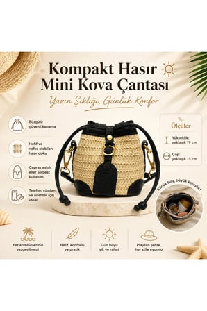 Kadınlar için Hasır Çantalar - İpli Mini Örgü Kova Çanta - Yaz Çapraz Çanta - Siomai Tarzı Üst Saplı