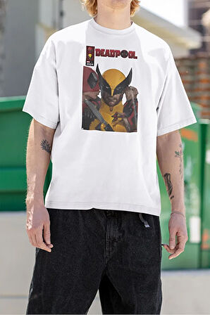 Marvel Deadpool x Wolverine Baskılı Unisex Tişört, Oversize Kahramanlar Baskılı Tişört