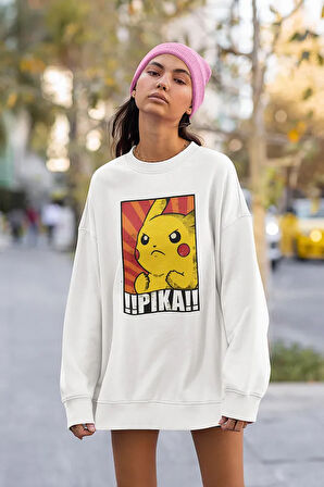 Pikaçu Baskılı Unisex Oversize Pokemon Çizgi Film Sweatshirt