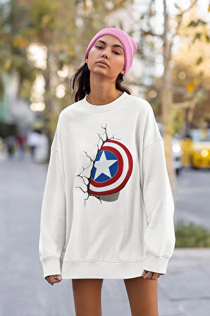 Marvel Kaptan Amerika Kalkan Baskılı Unisex Oversize Avengers Sweatshirt