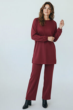 KADIN TUNİK ÖNÜ DİKİŞLİ ALTI BANTLI PANTOLONUN BELİ LASTİKLİ ÖNÜ DİKİŞLİ İKİLİ TAKIM