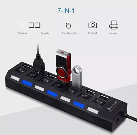 7 Port Girişli USB Hub Çoklayıcı On Off Anahtarlı Switch Işıklı Usb Adaptör Istasyonu