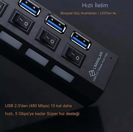 7 Port Girişli USB Hub Çoklayıcı On Off Anahtarlı Switch Işıklı Usb Adaptör Istasyonu