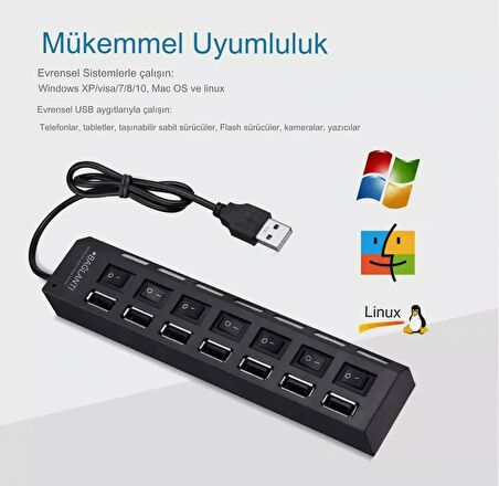 7 Port Girişli USB Hub Çoklayıcı On Off Anahtarlı Switch Işıklı Usb Adaptör Istasyonu