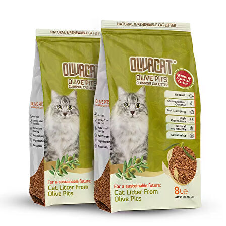 Olivacat Zeytin Çekirdeğinden Üretilen Aktif Karbonlu Tozsuz Doğal Kedi Kumu 8 L (2 Adet)