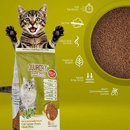 Zeytin Çekirdeğinden Üretilen Aktif Karbonlu Tozsuz Doğal Kedi Kumu 8 L 3 Adet
