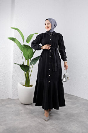 Kadın Kuşaklı Düğmeli Kot Elbise