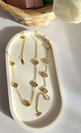 Çelik Kolye Seti - Yonca Kolye Ve Bileklik Seti - 316L Paslanmaz Çelik