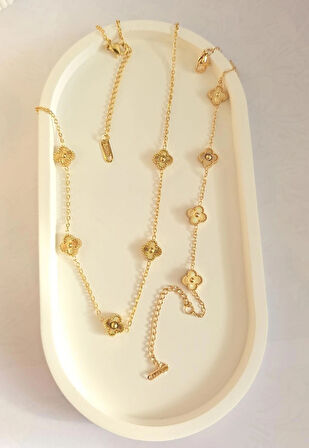 Çelik Kolye Seti - Yonca Kolye Ve Bileklik Seti - 316L Paslanmaz Çelik