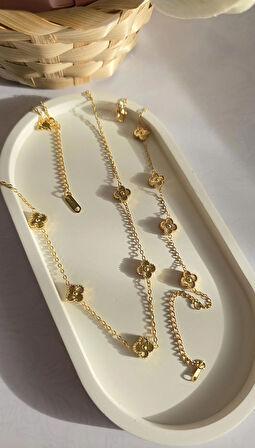 Çelik Kolye Seti - Yonca Kolye Ve Bileklik Seti - 316L Paslanmaz Çelik