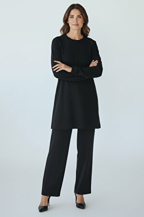 KADIN TUNİK ÖNÜ DİKİŞLİ ALTI BANTLI PANTOLONUN BELİ LASTİKLİ ÖNÜ DİKİŞLİ İKİLİ TAKIM