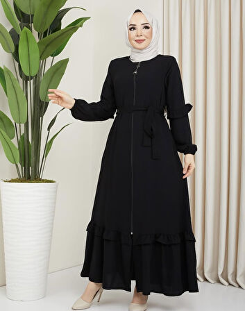 KADIN KOL VE ETEK FIRFIR DETAYLI KOL UCU LASTİKİ FERMUARLI BELİ KUŞAKLI FERACE