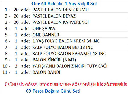 One 60 Balonlu, 1 Yaş Kalpli Set