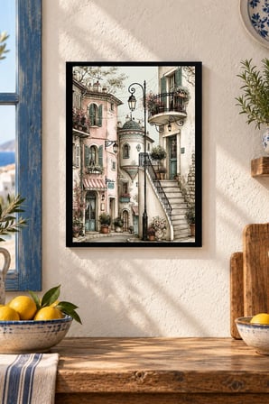 Dar Sokak ve Merdivenler Desenli Dekoratif MDF Tablo, Çerçeve Görünümlü Ahşap Poster
